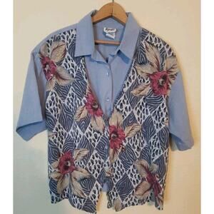 VINTAGE 80S 90S Tap & Co. Women's BLUE Vintage Floral Button Down Shirt Size XL